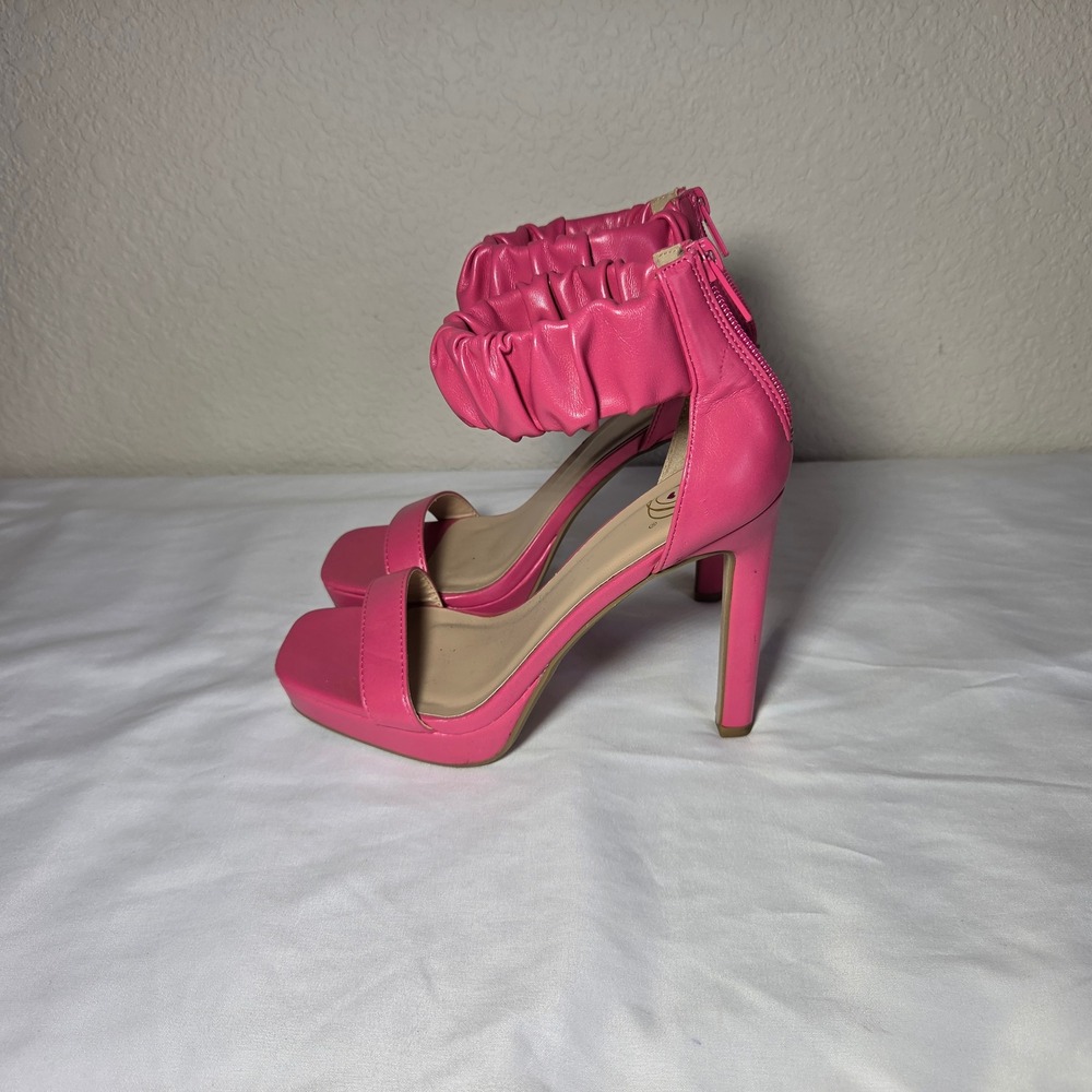 Monique Pink Ruched Ankle Strap Platform Stiletto Sandals Square Toe 5.5M
